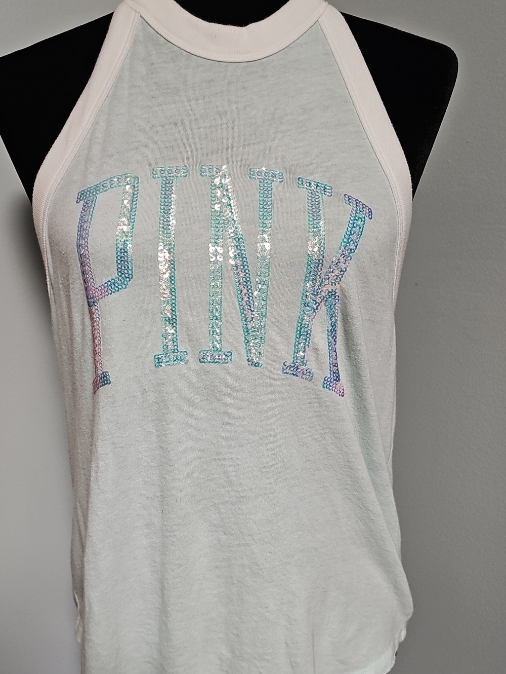 PINK Victoria's Secret White Halter Tank with Iridescent Sequin Logo